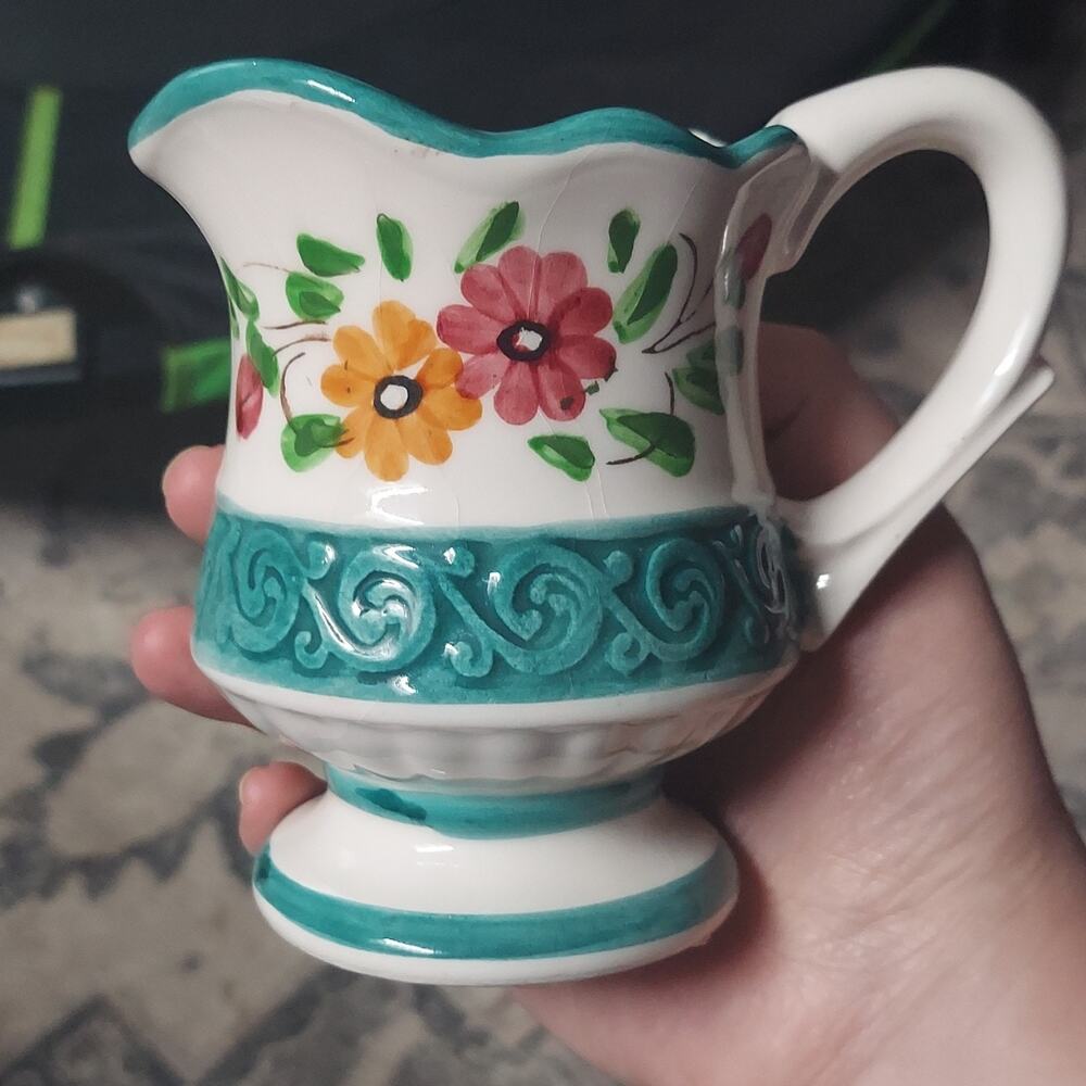 Bella Flora 2319 Ceramic Floral Pitcher Blue Trim Glossy Decorative Pottery